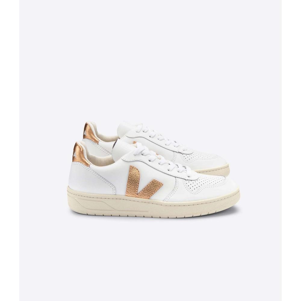 White/Gold Women\'s Veja V-10 LEATHER Sneakers | AU 641CTV